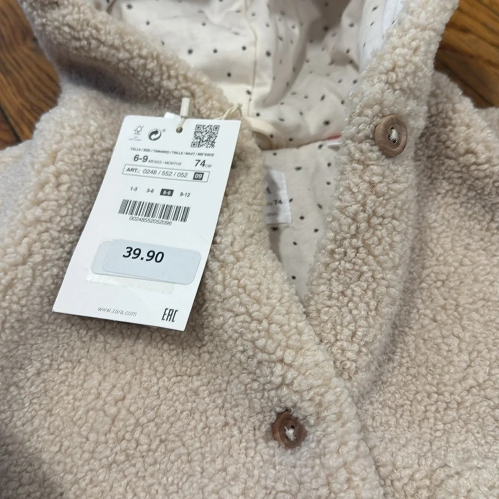 NWT zara kids cream Sherpa cotton lined button jacket fall winter 6-9